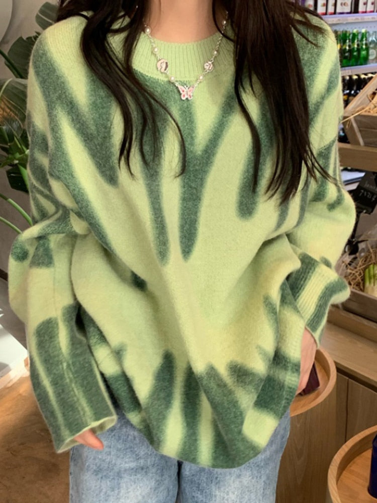 Print Knitted Sweater Women Elegant Green Striped Oversized Pullovers Women Winter Loose Long Sweaters Streetwear Sueter Mujer - Executive-Skincare