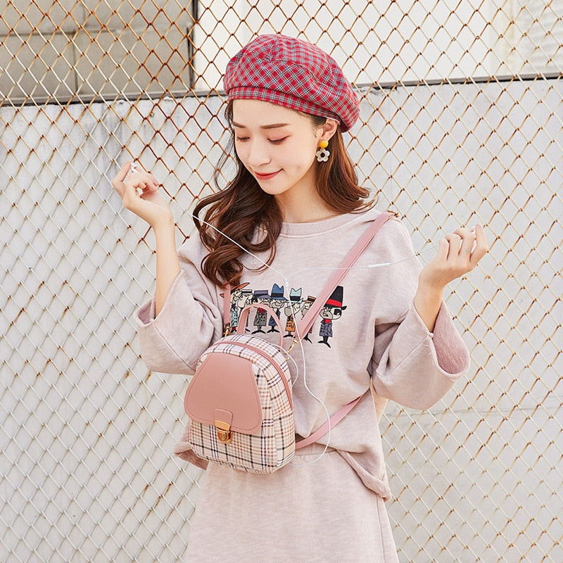 Mini Backpack Crossbody Bag For Teenage Girl Plaid Women Shoulder Phone Purse Korean Style New Trendy Female 2023 - Executive-Skincare