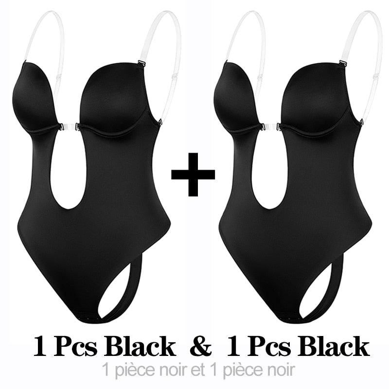 Invisible Shaper Bra Sexy Bodysuit Corset Backless Deep V-Neck U Plunge Thong Waist Trainer Clear Strap Padded Push Up Shapewear - Executive Quality Store