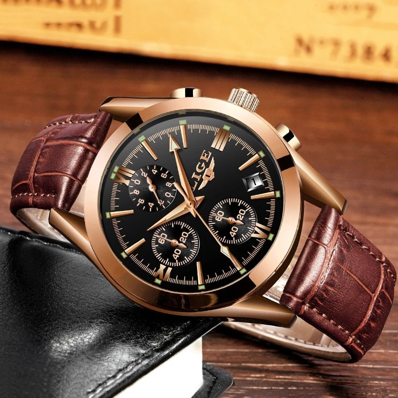 2022 LIGE New Fashion Mens Watches Top Brand Luxury Military Quartz Watch Premium Leather Waterproof Sport Chronograph Watch Men - Executive-Skincare