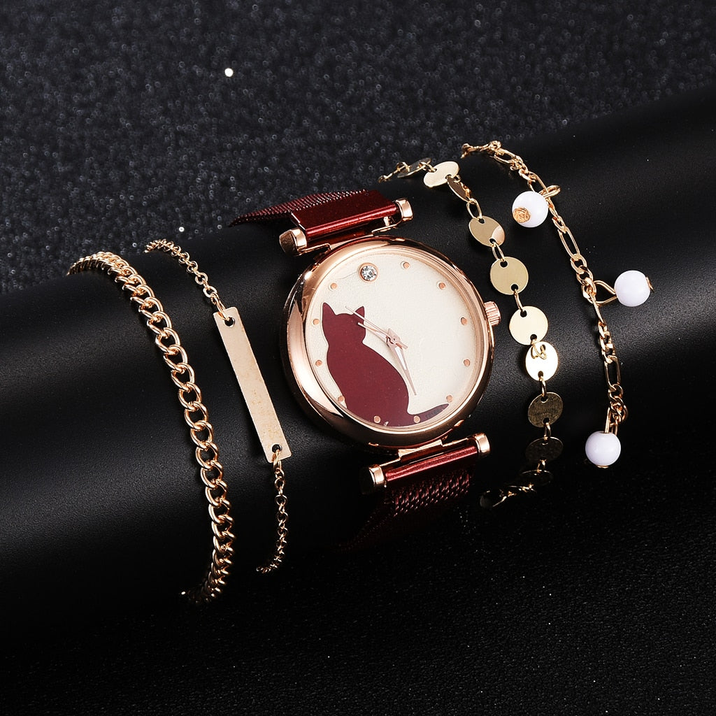 Fashion Watch Set Women 5pcs Quartz Wristwatch Mesh Bracelet Cat Dial Luxury Woman Watch Casual Ladies Clock Relogio Femenino - Executive-Skincare