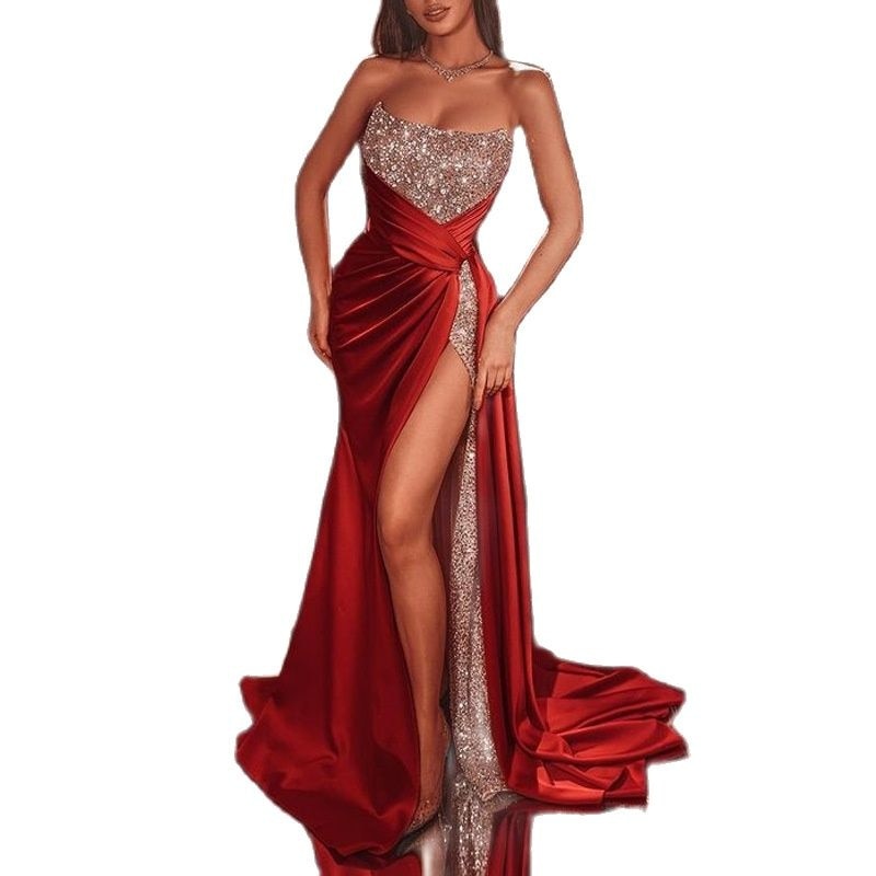 Cutubly Gown Robe Dresses Summer New Women&#39;s Sequin Split Dress Long Slim Strapless Vestidos Red Evening Party Club Wear Night - Executive-Skincare