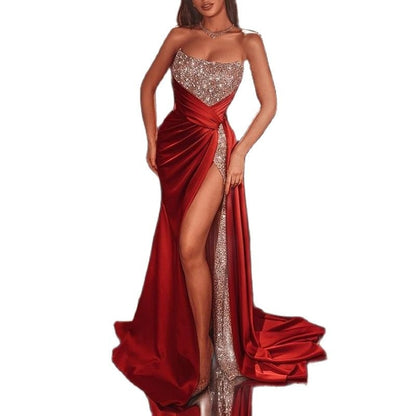 Cutubly Gown Robe Dresses Summer New Women&#39;s Sequin Split Dress Long Slim Strapless Vestidos Red Evening Party Club Wear Night - Executive-Skincare