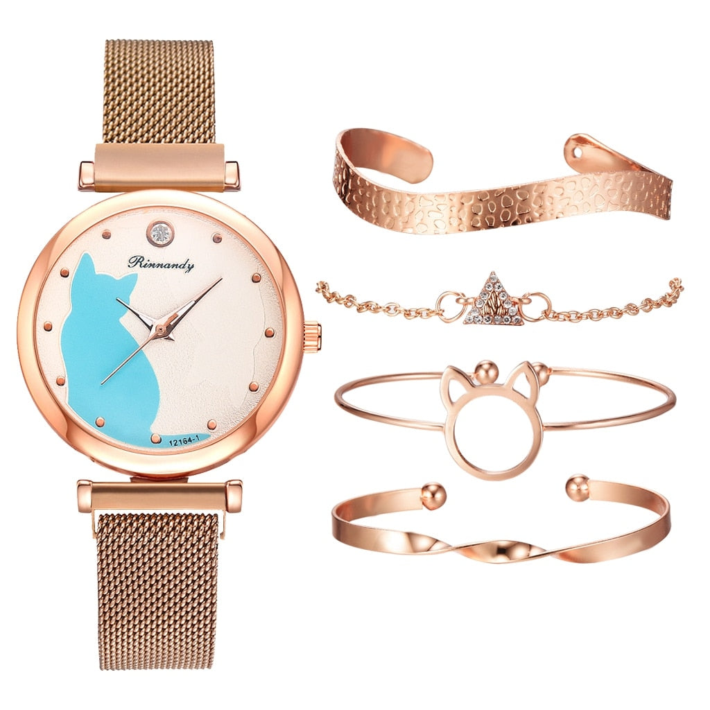 Fashion Watch Set Women 5pcs Quartz Wristwatch Mesh Bracelet Cat Dial Luxury Woman Watch Casual Ladies Clock Relogio Femenino - Executive-Skincare