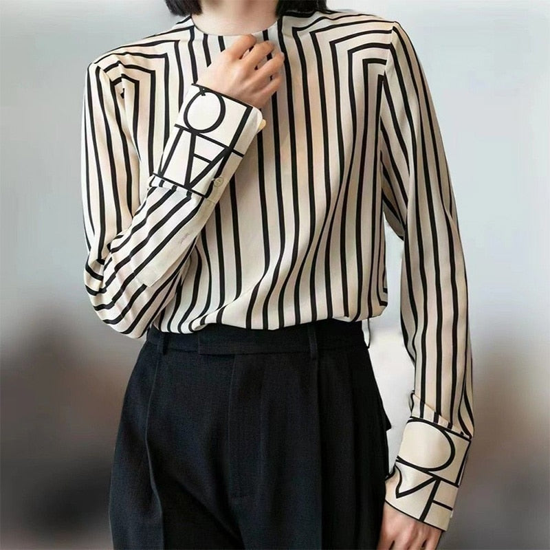 Fashion Women Blouses 2022 New Spring Autumn Striped Printing Office Lady Round Neck Slim Long Sleeve All-match Chiffon Shirt - Executive Quality Store