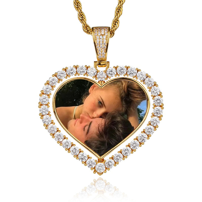 D&amp;Z Custom Made Photo Rotating Heart Shape Double-sided Pendant Necklace 4mm Tennis Chain Zircon Men&#39;s Hip hop Jewelry - Executive-Skincare