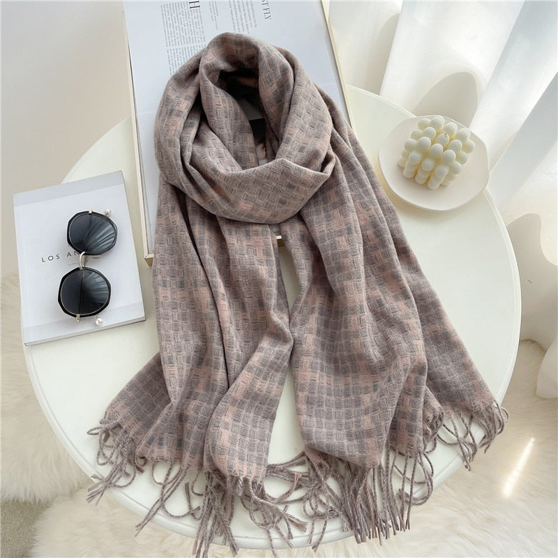 Luxury Plaid Scarf Winter Warm Cashmere Women Long Pashmina Foulard Female Scarves Lady Tassel Shawl Wraps 2022 Design New - Executive-Skincare