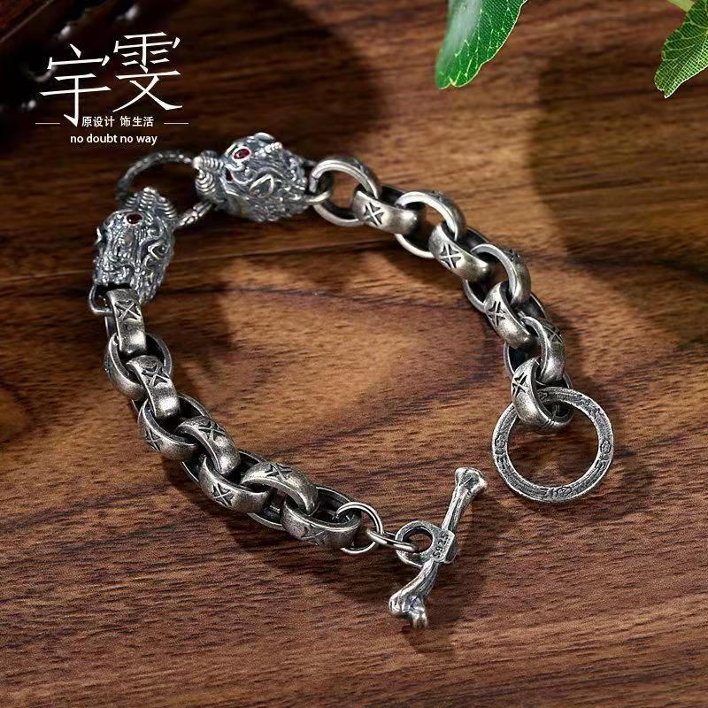 925 sterling silver palace double pixiu bracelet for male handmade retro personality domineering valentine&#39;s day gift for boyfri - Executive-Skincare