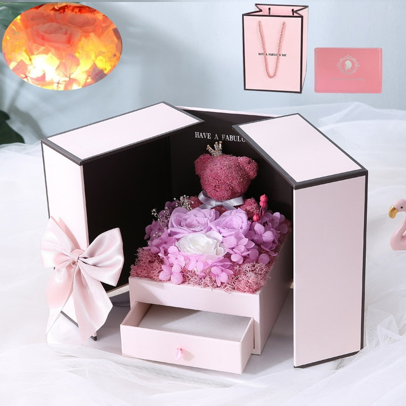 Luminous Preserved Flower Box Light Up Rose Bear Gift Box Artificial Flower Valentines Day Birthday Anniversary Girlfriend Gift - Executive-Skincare