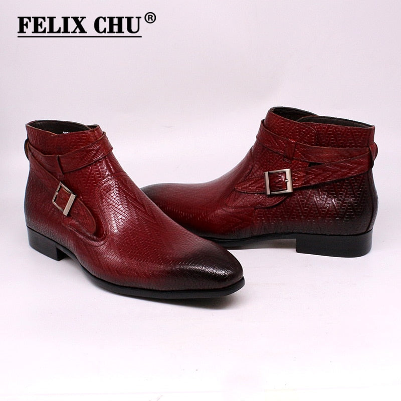 Handmade Men Ankle Boots Felix Chu Genuine Leather Mens Motorcycle Boots Black Red Buckle Strap High Top Dress Shoes for Men - Executive-Skincare