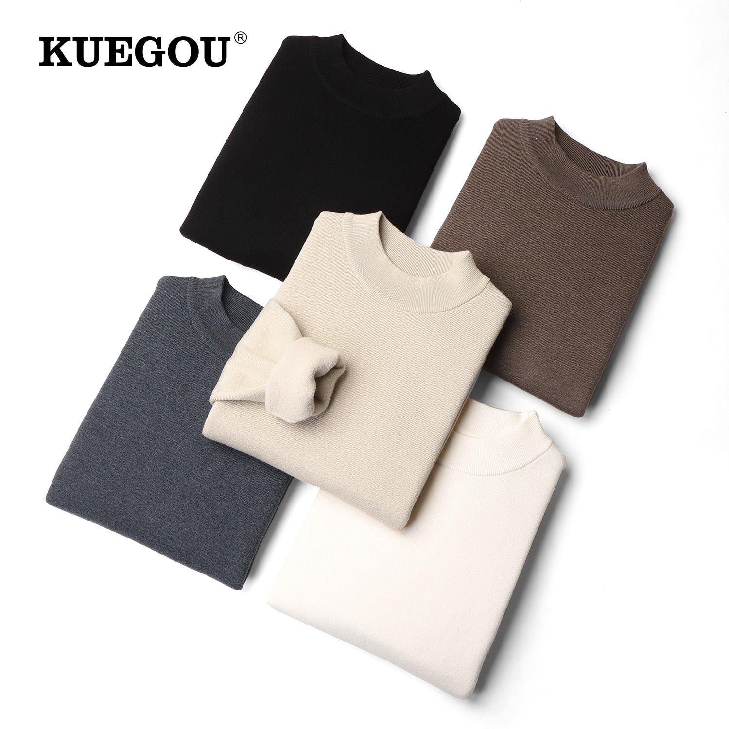 KUEGOU 2022 Autumn Winter New Solid color Men Sweater Mock-Neck Thick Fleece Fashion High Quality Warm Knitting Pullovers JR05 - Executive-Skincare