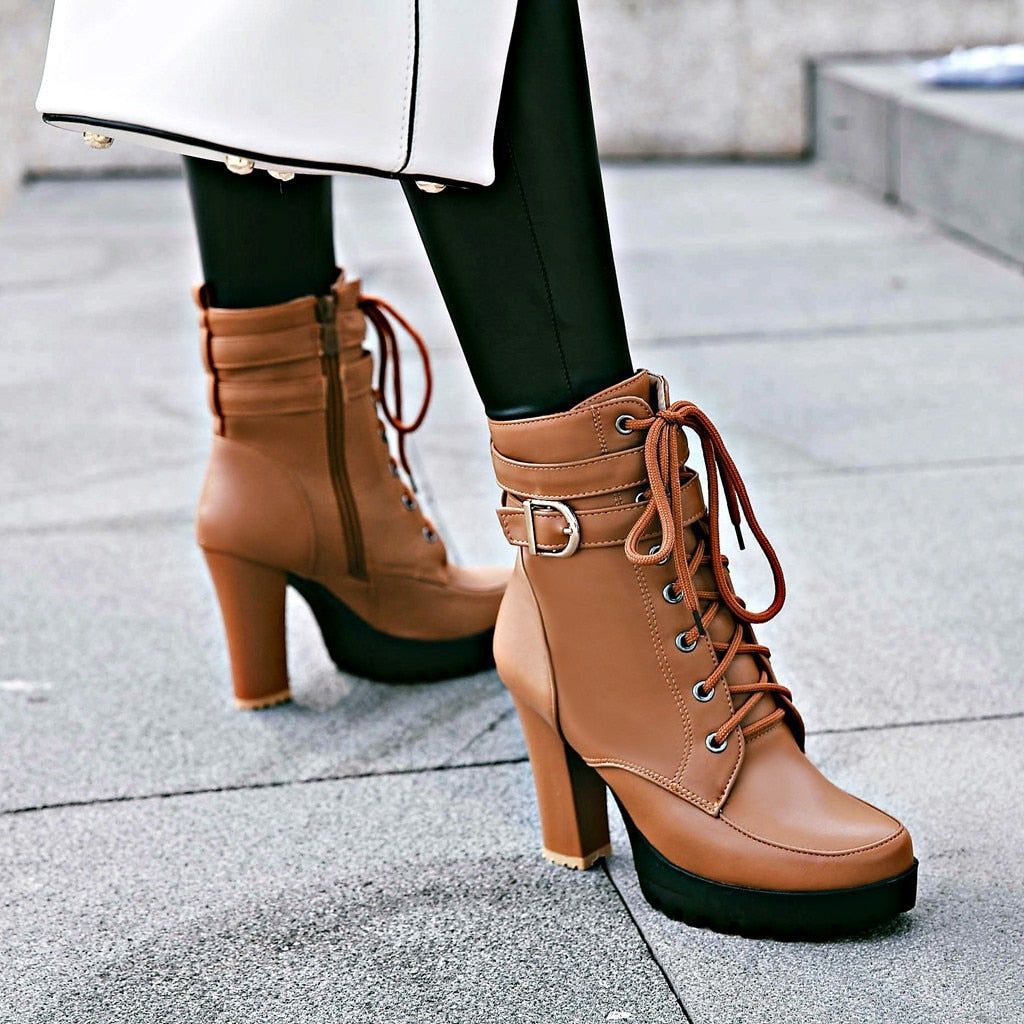 High Heels Women Ankle Boots Lace Up Fall Winter Platform Ladies Boots Large Size Fashion Shoes White Black Brown 659 - Executive-Skincare