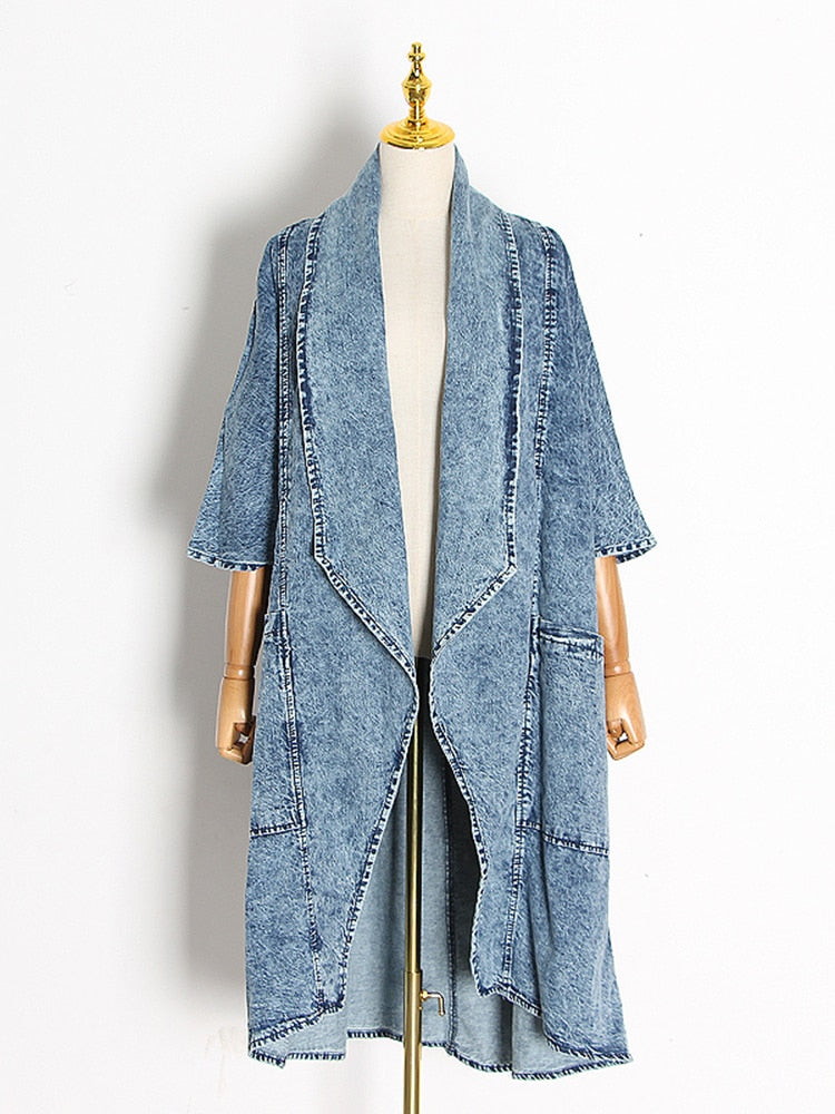 TWOTWINSTYLE Vintage Denim Women Windbreaker Lapel Collar Half Sleeve High Waist Trench Coats Female Fashion Clothing 2020 Tide - Executive-Skincare