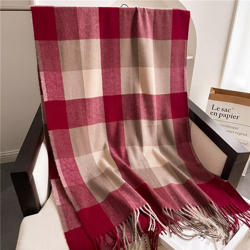 Luxury Brand Winter Plaid Women&#39;s Cashmere Scarf Warm Shawls and Wraps Thicked Wool Pashmina Female Blanket Scarves - Executive-Skincare