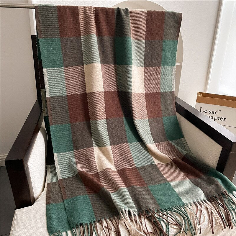 Luxury Brand Winter Plaid Women&#39;s Cashmere Scarf Warm Shawls and Wraps Thicked Wool Pashmina Female Blanket Scarves - Executive-Skincare