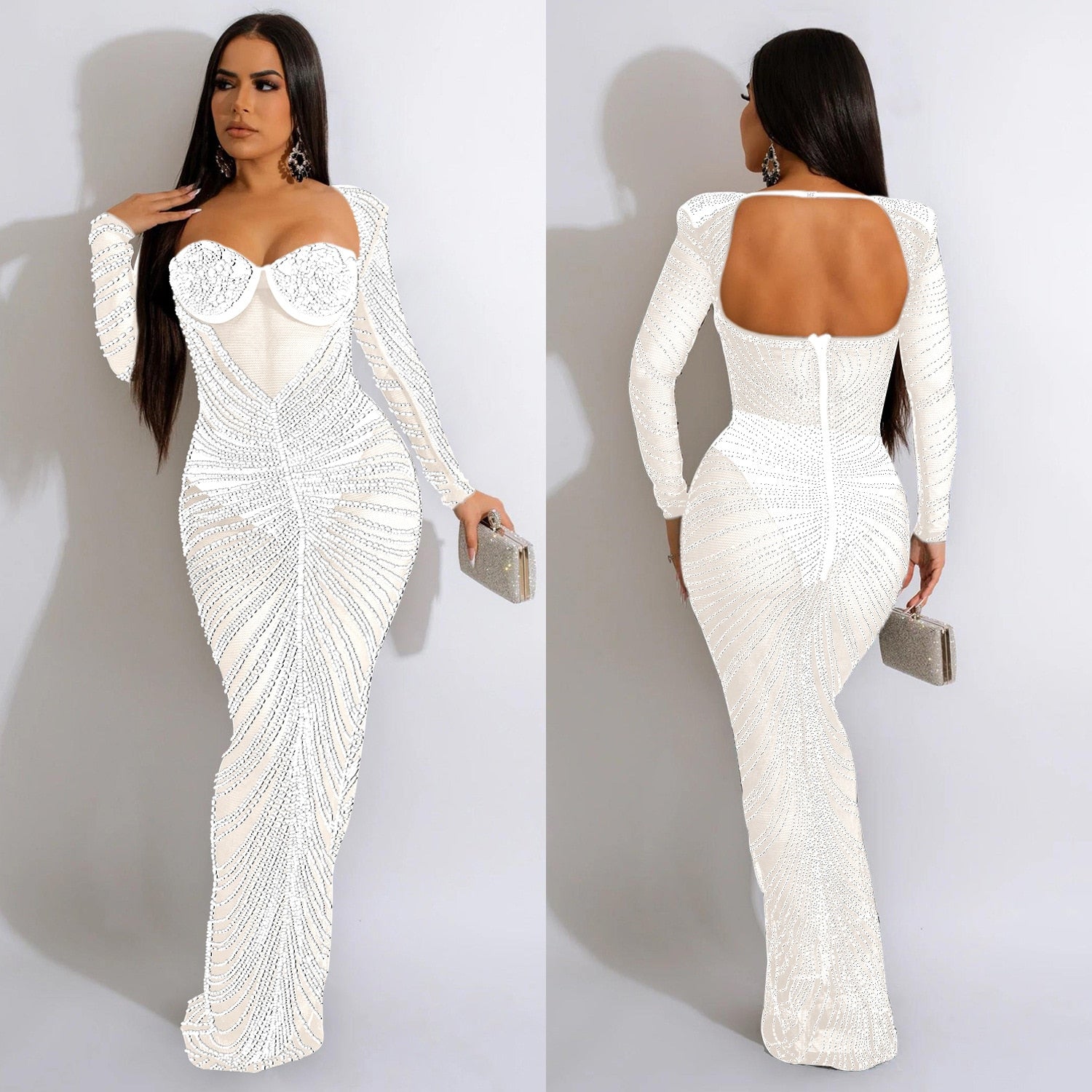 Diamonds Sheer Mesh Maxi Party Dress Women Strapless Backless Long Sleeve Bodycon Long Clubwear Robe Female Birthday Gifts - Executive-Skincare