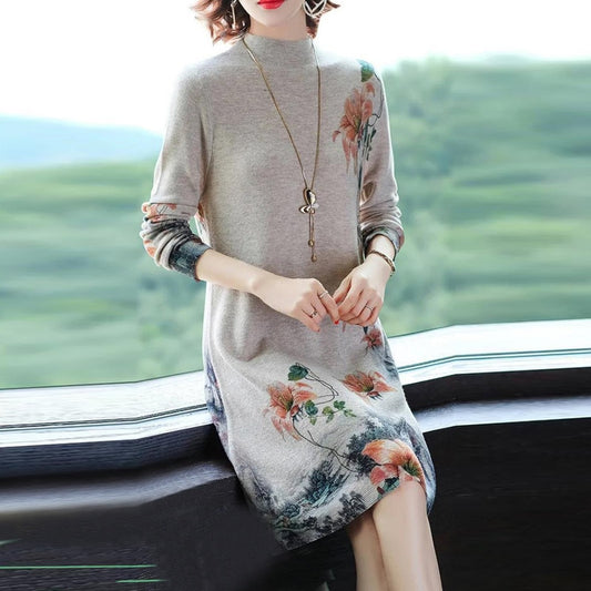 Vintage Elegant Floral Print Half High Collar Long Sleeve Ladies Dresses Autumn Women Fashion Loose Pullover Midi Dress Vestidos - Executive-Skincare