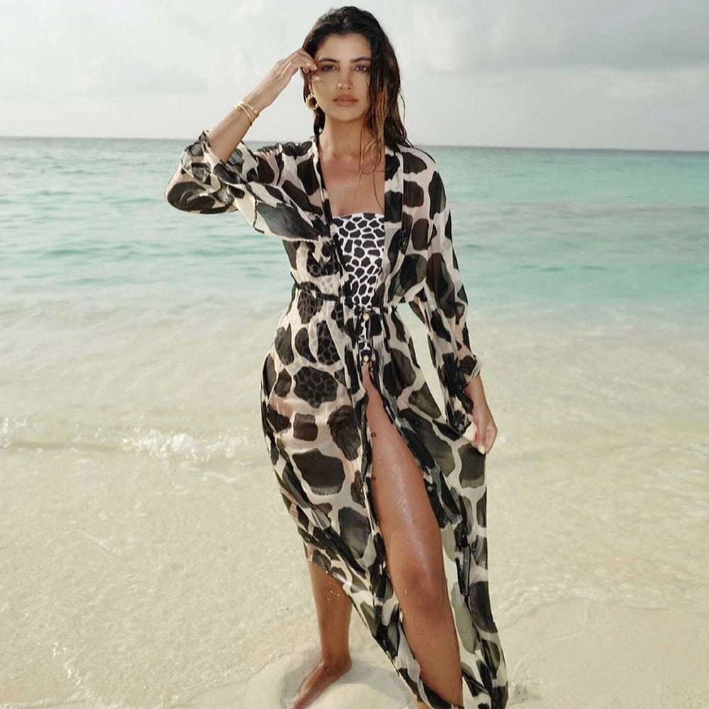 Leaves Print Bikini Beach Cover up Tunics for Beach Long Kaftan Bikini Cover up Robe de Plage Sarong Beach Swimsuit cover-ups - Executive-Skincare