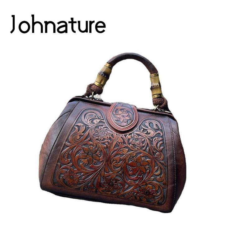 Johnature Luxury Handbag 2022 Autumn New Vintage Handmade Leather Carved Women Bag Versatile Female Shoulder &amp; Crossbody Bags - Executive-Skincare