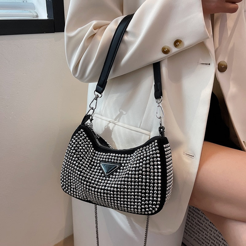 Luxury Zircon Nylon Shoulder Crossbody Square Bags For Women 2022 Chain Women&#39;s Designer Zipper Handbag Female Trend Armpit Bag - Executive-Skincare