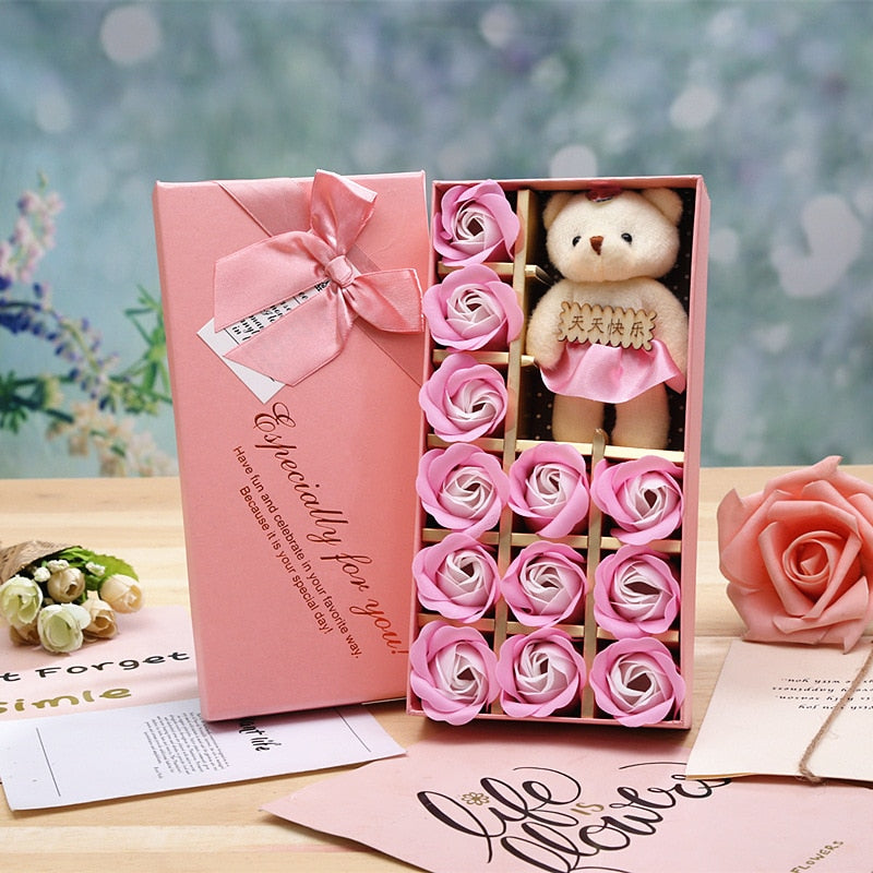 12 Soap Flower Gift Box Christmas Valentine&#39;s Day Mother&#39;s Day Gift 24K Gold Foil Rose Flower Wedding Bridesmaid Gift Rose Bear - Executive-Skincare