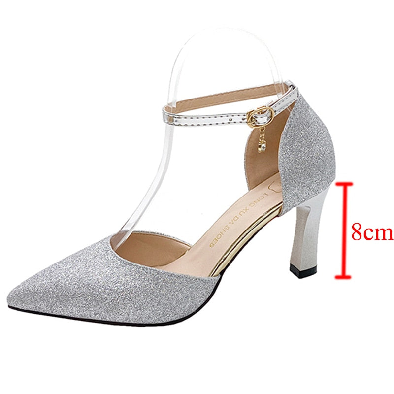 ZOKI Bling Gold Silver Women&#39;s Pumps 2022 Sexy Point Toe Thin Heel Party Wedding Shoes Woman Summer Ankle Strap High Heels Shoes - Executive-Skincare