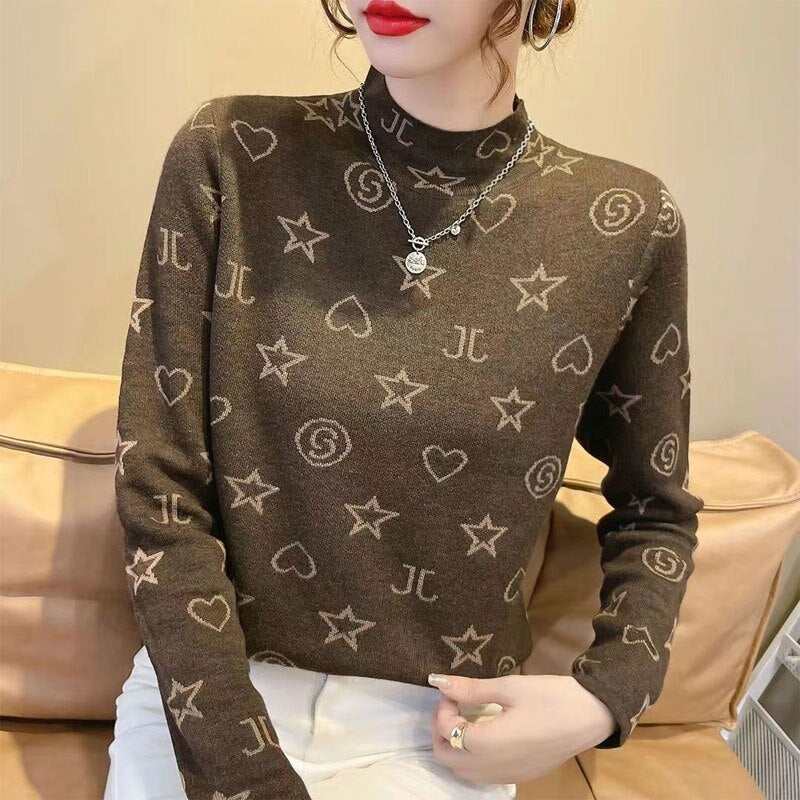 Half High Collar Sweaters Pullovers Women&#39;s Clothing Autumn Winter Fleece All-match Slim Jumpers Long Sleeve Tops Warm Pullovers - Executive-Skincare