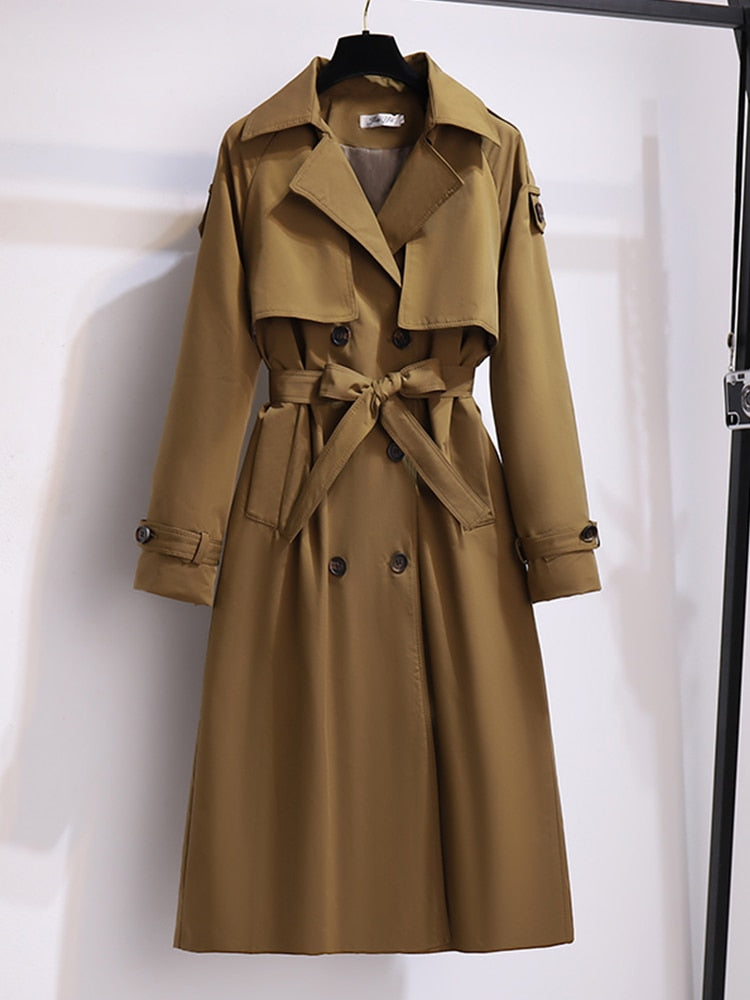 Ailegogo Casual Female Turndown Collar Loose Long Trench Coat Autumn Women Double Breasted Windbreaker with Belt Ladies Ouwear - Executive-Skincare