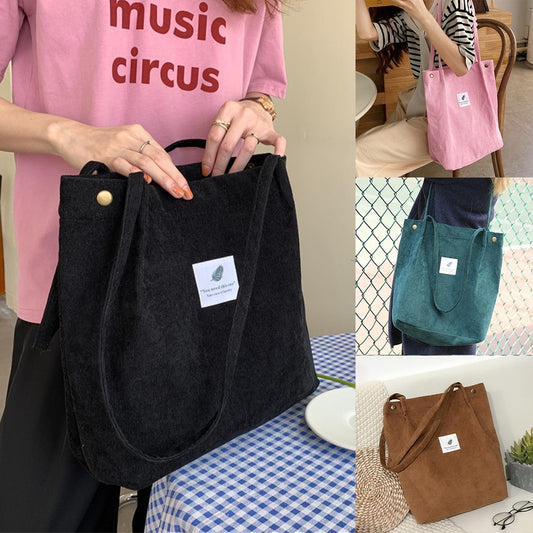 Women Corduroy Shoulder Bag Reusable Shopping Bags Casual Tote 2022 New Soft Female Handbag with Button Environmental Organizer - Executive-Skincare