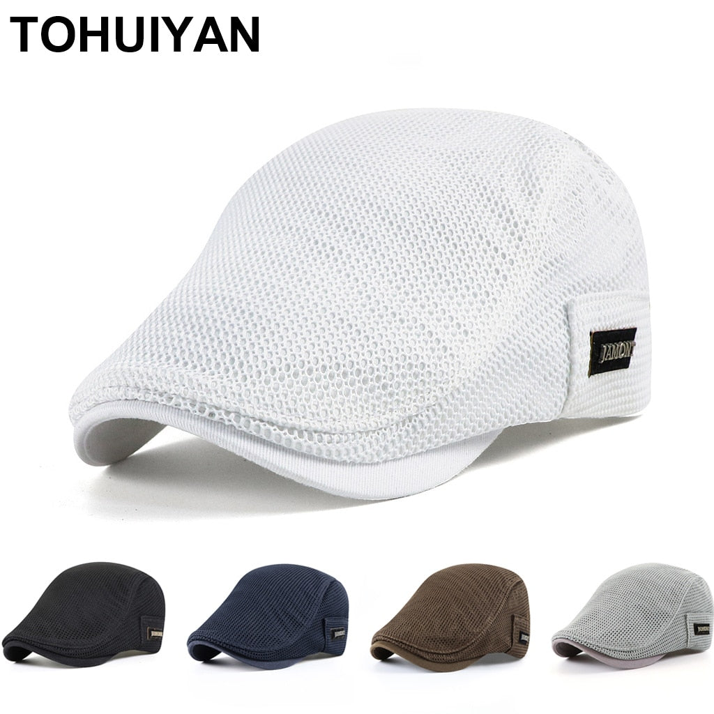 2022 New Summer Mens Hats Breathable Mesh Newsboy Caps Outdoor Gorro Hombre Boina Golf Hat Fashion Solid Flat Cap For Women - Executive-Skincare