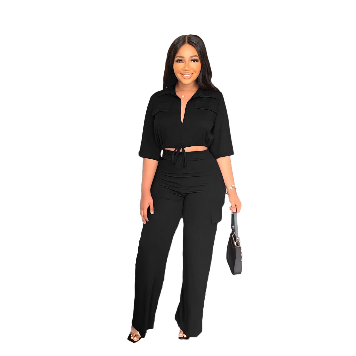 CM.YAYA Elegant Women&#39;s Set Half Sleeve Blouse and Straight Wide Leg Safari Pants Set Fashion Tracksuit Two 2 Piece Set Outfits - Executive-Skincare