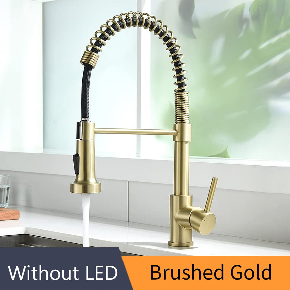 Kitchen Faucets Brush Brass Faucets for Kitchen Sink  Single Lever Pull Out Spring Spout Mixers Tap Hot Cold Water Crane 9009 - Executive-Skincare