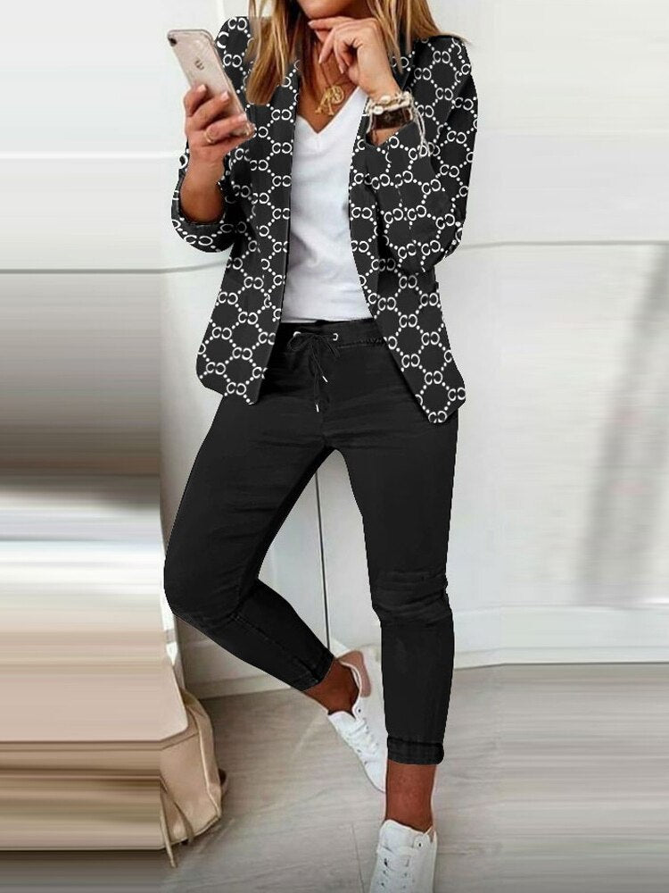 Sets Outifits 2022 Autumn Denim Look Print Shawl Collar Blazer & Pants - Executive-Skincare