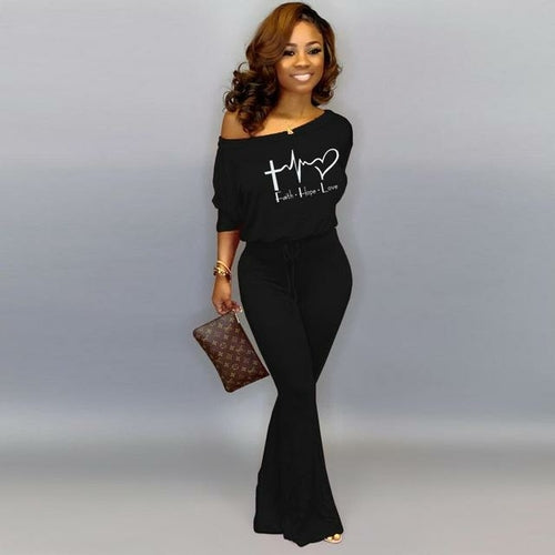 Sets Outifits 2022 Autumn Geometric Letter Print Off Shoulder Jumpsuit - Executive-Skincare