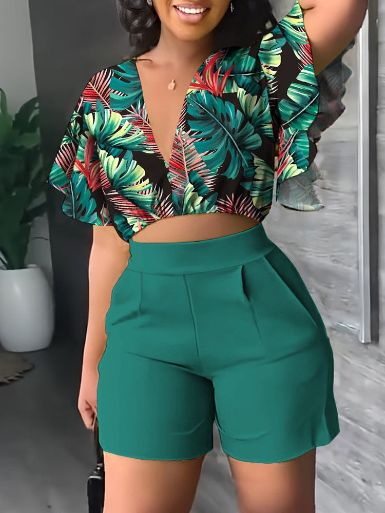 Sets Outifits 2022 Autumn Tropical Print Ruffle Hem Crop Top & Shorts - Executive-Skincare