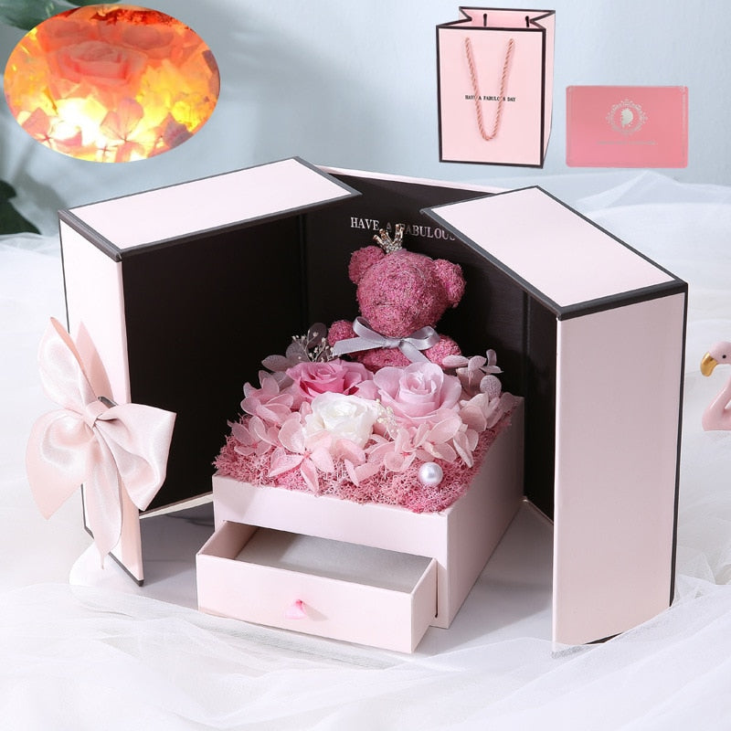 Luminous Preserved Flower Box Light Up Rose Bear Gift Box Artificial Flower Valentines Day Birthday Anniversary Girlfriend Gift - Executive-Skincare