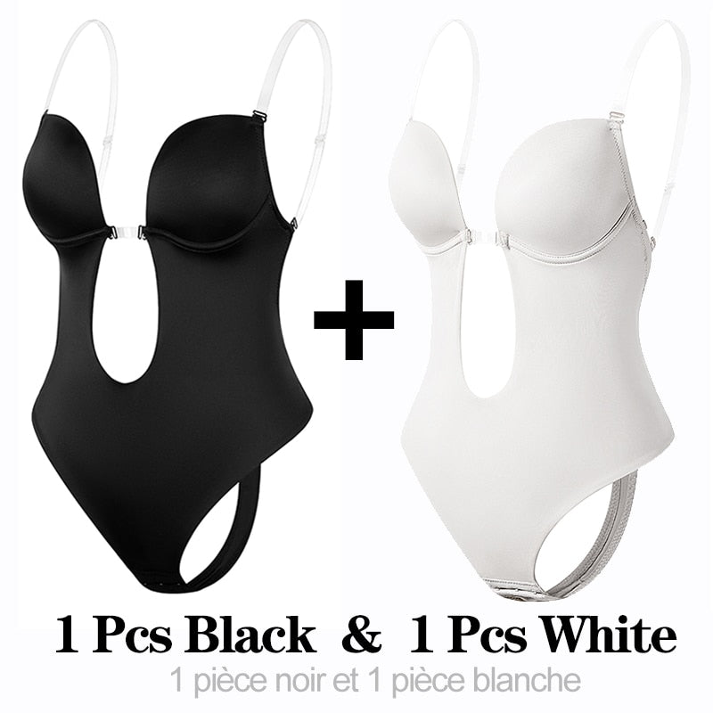 Invisible Shaper Bra Sexy Bodysuit Corset Backless Deep V-Neck U Plunge Thong Waist Trainer Clear Strap Padded Push Up Shapewear - Executive Quality Store