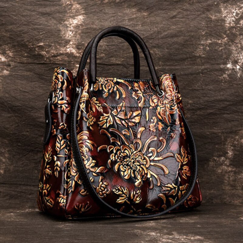 Natural Skin Embossed Messenger Shoulder Female Handbag Tote Bags Floral High Quality Genuine Leather Women Top Handle Bag - Executive-Skincare