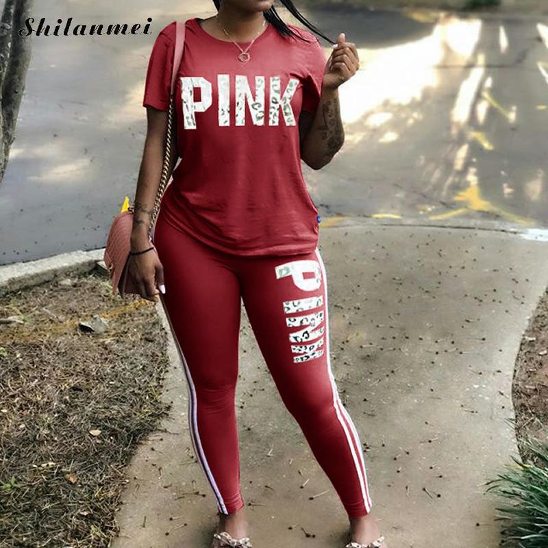 2022 New Tracksuit For Women Pink Letter Print Two Piece Sets Casual 2 PCS Outfits Short Sleeve T Shirt Pants Suits Matching Set - Executive Quality Store