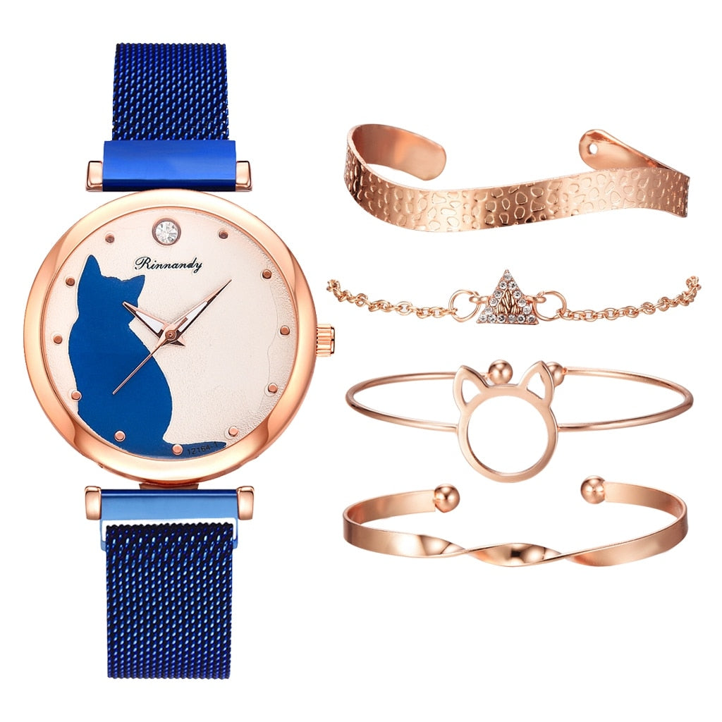 Fashion Watch Set Women 5pcs Quartz Wristwatch Mesh Bracelet Cat Dial Luxury Woman Watch Casual Ladies Clock Relogio Femenino - Executive-Skincare