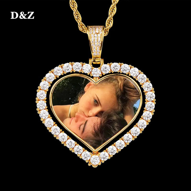 D&amp;Z Custom Made Photo Rotating Heart Shape Double-sided Pendant Necklace 4mm Tennis Chain Zircon Men&#39;s Hip hop Jewelry - Executive-Skincare