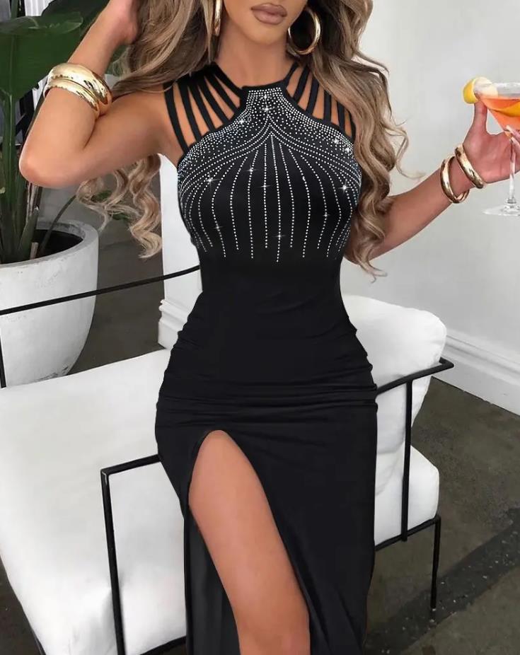 Sexy Women&#39;s Dresses 2022 Summer Sleeveless Fashion Rhinestone Decor Asymmetrical Neck High Slit Plain Maxi Party Dress - Executive-Skincare