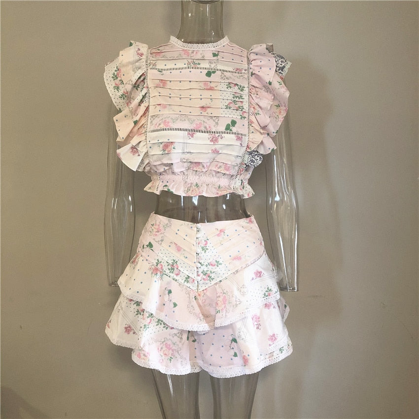 High Quality 2022 Sunday Set elastic waistband Cropped top with ruffle detail and cute ruffle mini shorts skirts - Executive-Skincare