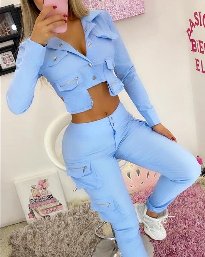 Women Two Piece Outfits 2022 Autumn Fashion Plain OTTD Buttoned V-Neck Long Sleeve Crop Top &amp; Skinny High Waist Cargo Pants Set - Executive-Skincare