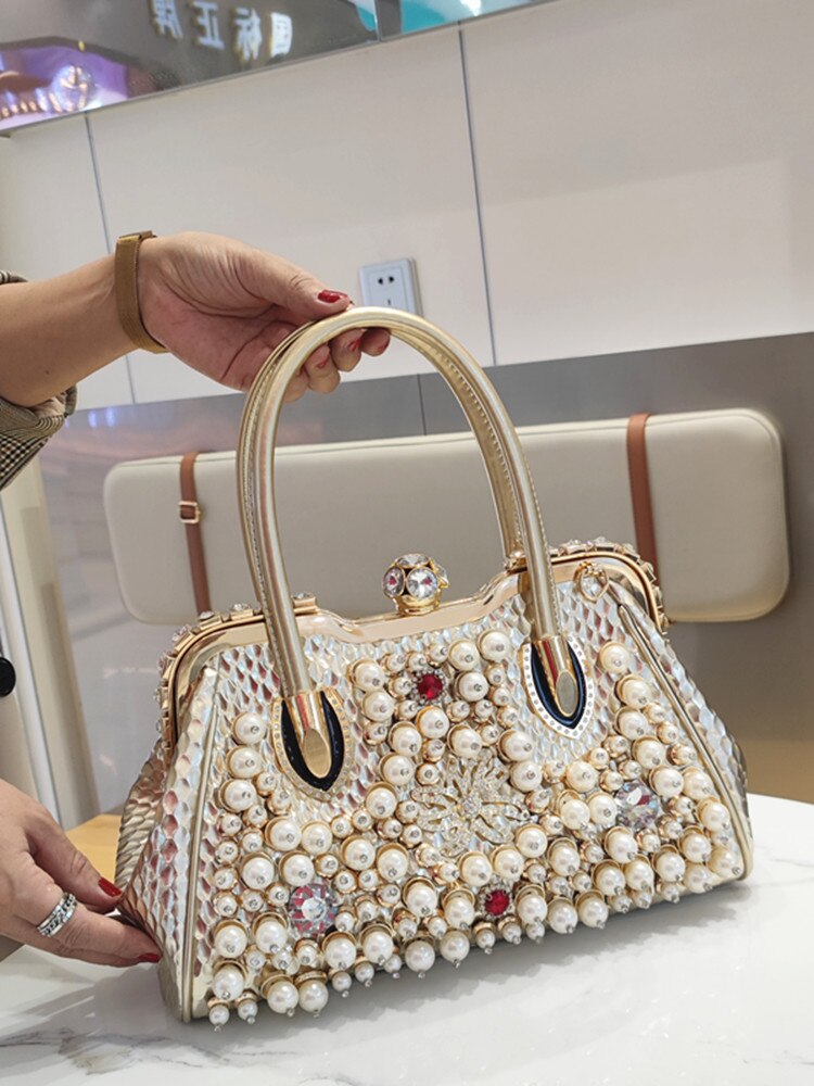 Luxury Fashion Brand Pearl Women&#39;s Handbag 2022 New Leather Diamond Shoudler Crossbody Evening Bag Portable Rhinestone Lock Bags - Executive-Skincare