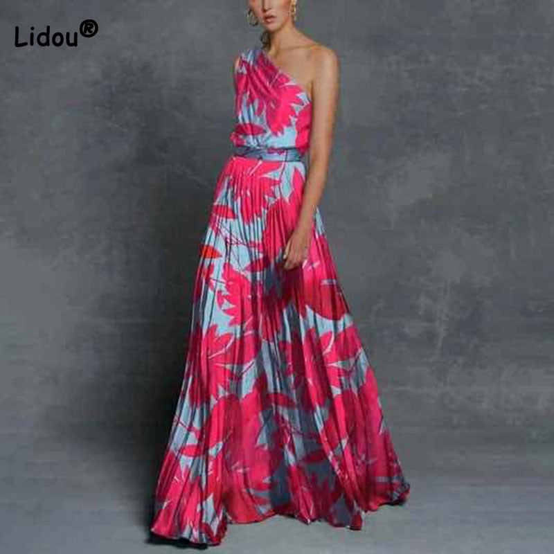 Dress for Women Fashion Summer Off Shoulder Sexy Leaves Printing Splicing Back Zipper Sloping Shoulders Sleeveless Long Skirt - Executive-Skincare