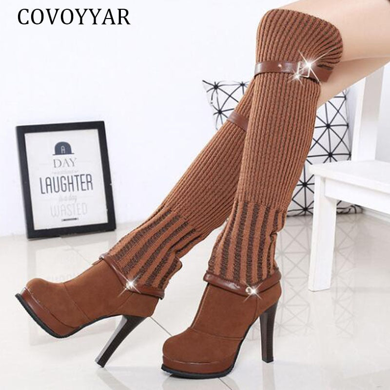 COVOYYAR 2022 Knitting Knee High Boots Fashion Long Thigh High Boots Women High Heels Autumn Winter Women Shoes Dual Use WBS2041 - Executive-Skincare