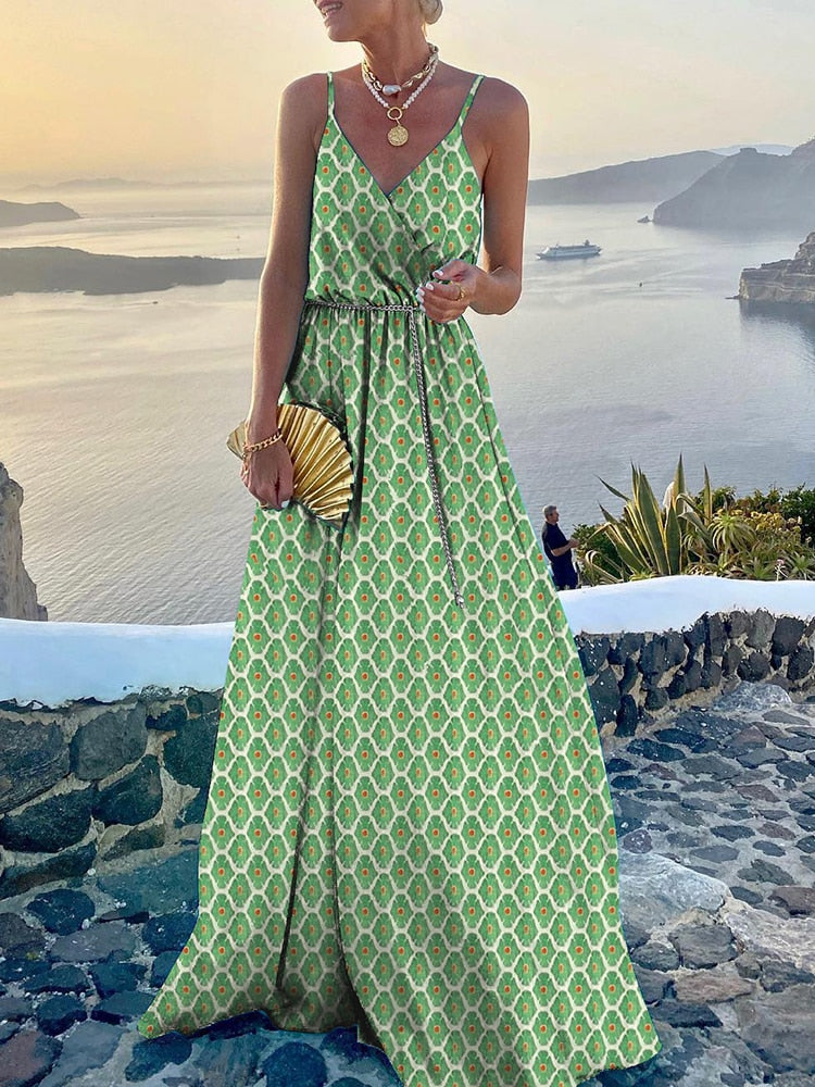 Fashion Retro Printed Sleeveless Sling Holiday Dress Women High Waist Elegant Maxi Dresses 2022 Summer V Neck Party Long Dress - Executive-Skincare