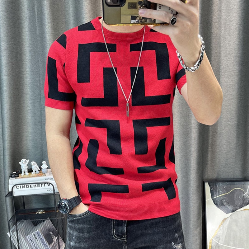 3 Color Short Sleeve Knitting T-Shirt Men Slim Streetwear Color Contrast T Shirt Men Tee Shirt Homme Social Club Outfits Tshirt - Executive-Skincare