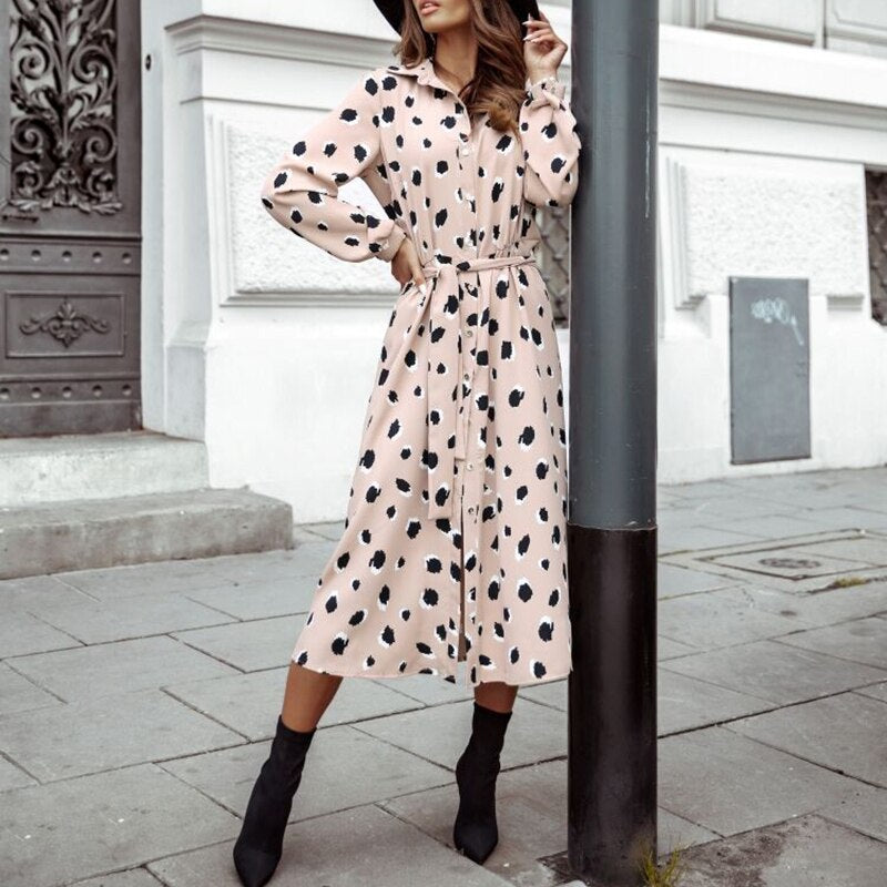 2022 Y2K Spring Autumn Women&#39;s Elegant Dress Fashion V-Neck Polka Dot Print Three-Quarter Sleeve Lace-Up Slit Midi Dress Vestido - Executive-Skincare